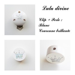 Pince en bois / Clip en bois et sa perle : Couronne argentée  2