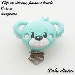 Pince / Clip en silicone, attache tétine, passant, Ourson