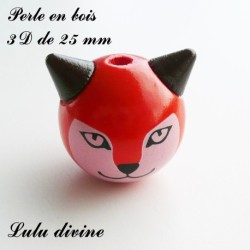 Perle en bois de 25 mm, Perle 3D Tête de renard