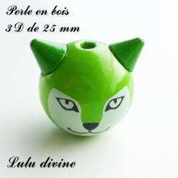 Perle en bois de 25 mm, Perle 3D Tête de renard
