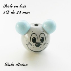 Perle en bois de 25 mm, Perle 3D Tête de souris