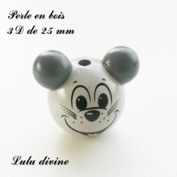 Perle en bois de 25 mm, Perle 3D Tête de souris
