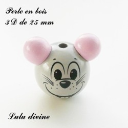 Perle en bois de 25 mm, Perle 3D Tête de souris