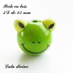 Perle en bois de 25 mm, Perle 3D Tête de grenouille