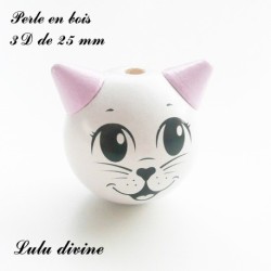Perle en bois de 25 mm, Perle 3D Tête de chat