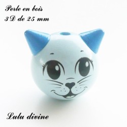 Perle en bois de 25 mm, Perle 3D Tête de chat