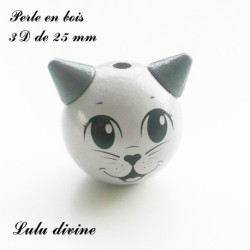 Perle en bois de 25 mm, Perle 3D Tête de chat