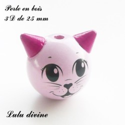 Perle en bois de 25 mm, Perle 3D Tête de chat