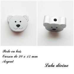 Perle en bois de 20 x 15 mm, Perle plate Tête d'ourson