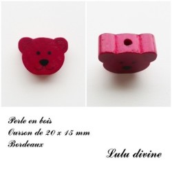 Perle en bois de 20 x 15 mm, Perle plate Tête d'ourson