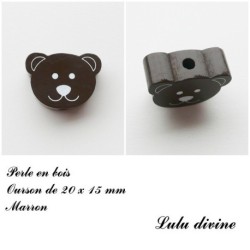 Perle en bois de 20 x 15 mm, Perle plate Tête d'ourson