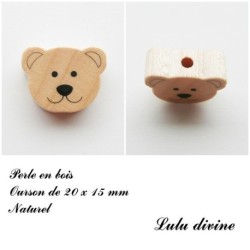 Perle en bois de 20 x 15 mm, Perle plate Tête d'ourson