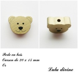 Perle en bois de 20 x 15 mm, Perle plate Tête d'ourson