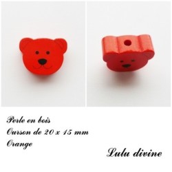 Perle en bois de 20 x 15 mm, Perle plate Tête d'ourson