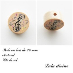 Perle en bois de 20 mm, Perle plate Clé de sol