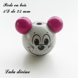 Perle en bois de 25 mm, Perle 3D Tête de souris