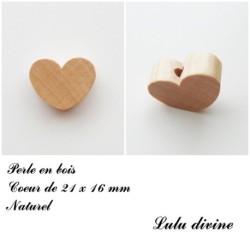 Perle en bois de 21 x 16 mm, Perle plate Coeur