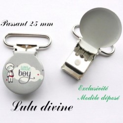 Pince Ronde, Attache tétine sucette doudou grise Nuage Petit garçon Little boy passant de 25 mm