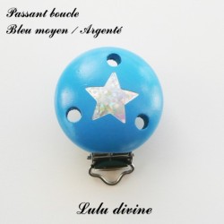 Pince / Clip en bois, attache tétine, passant Etoile Argenté