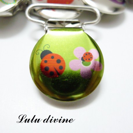 Pince 25 mm : Jaune vert Coccinelle rouge & fleur rose