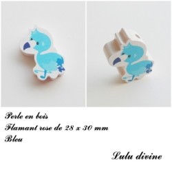 Perle en bois de 28 x 30 mm, Perle plate Flamant rose