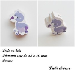 Perle en bois de 28 x 30 mm, Perle plate Flamant rose