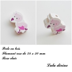 Perle en bois de 28 x 30 mm, Perle plate Flamant rose