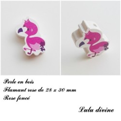 Perle en bois de 28 x 30 mm, Perle plate Flamant rose