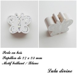 Perle en bois de 27 x 23 mm, Perle plate Papillon argenté