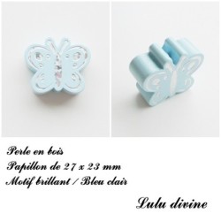 Perle en bois de 27 x 23 mm, Perle plate Papillon argenté