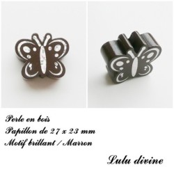 Perle en bois de 27 x 23 mm, Perle plate Papillon argenté