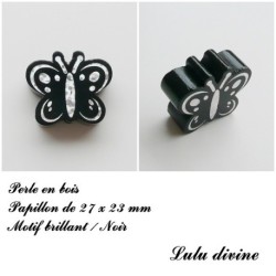 Perle en bois de 27 x 23 mm, Perle plate Papillon argenté