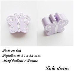 Perle en bois de 27 x 23 mm, Perle plate Papillon argenté