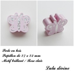 Perle en bois de 27 x 23 mm, Perle plate Papillon argenté