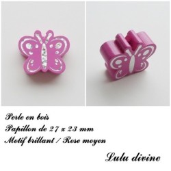 Perle en bois de 27 x 23 mm, Perle plate Papillon argenté