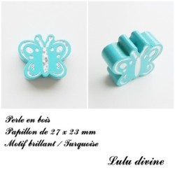 Perle en bois de 27 x 23 mm, Perle plate Papillon argenté