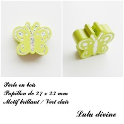 Perle en bois de 27 x 23 mm, Perle plate Papillon argenté