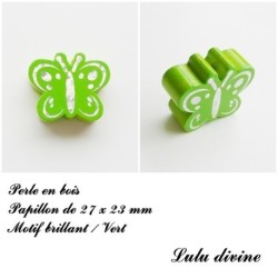 Perle en bois de 27 x 23 mm, Perle plate Papillon argenté