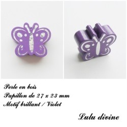 Perle en bois de 27 x 23 mm, Perle plate Papillon argenté