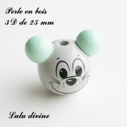 Perle en bois de 25 mm, Perle 3D Tête de souris