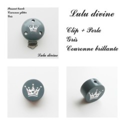 Pince en bois / Clip en bois et sa perle : Couronne argentée 