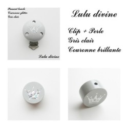 Pince en bois / Clip en bois et sa perle : Couronne argentée 