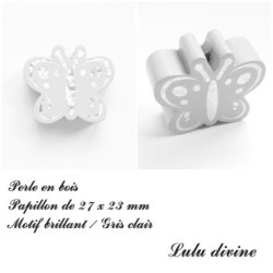 Perle en bois de 27 x 23 mm, Perle plate Papillon argenté