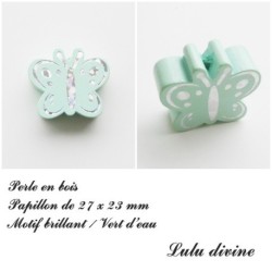 Perle en bois de 27 x 23 mm, Perle plate Papillon argenté