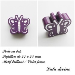 Perle en bois de 27 x 23 mm, Perle plate Papillon argenté