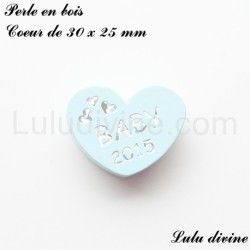 Perle en bois Coeur 30 x 25 mm Baby 2015 : Bleu clair
