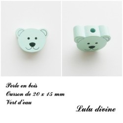 Perle en bois de 20 x 15 mm, Perle plate Tête d'ourson